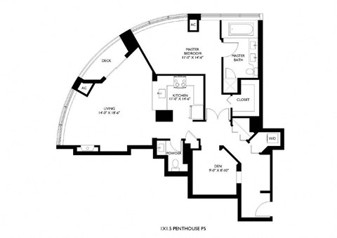 Floor plan for 1 bed, 1.5 baths, 1228 sqft